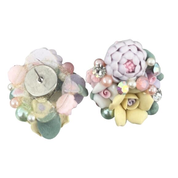 Vintage 1980s Statement Earrings Pastel Porcelain Rose Crystal Cluster - 3U - Picture 5 of 5